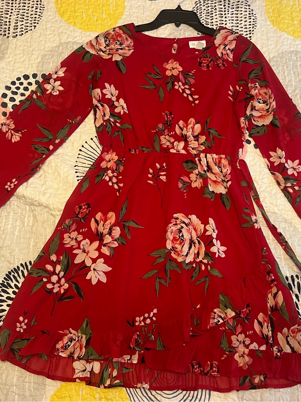 Place Red Floral Long Sleeve Formal Dress for Girls